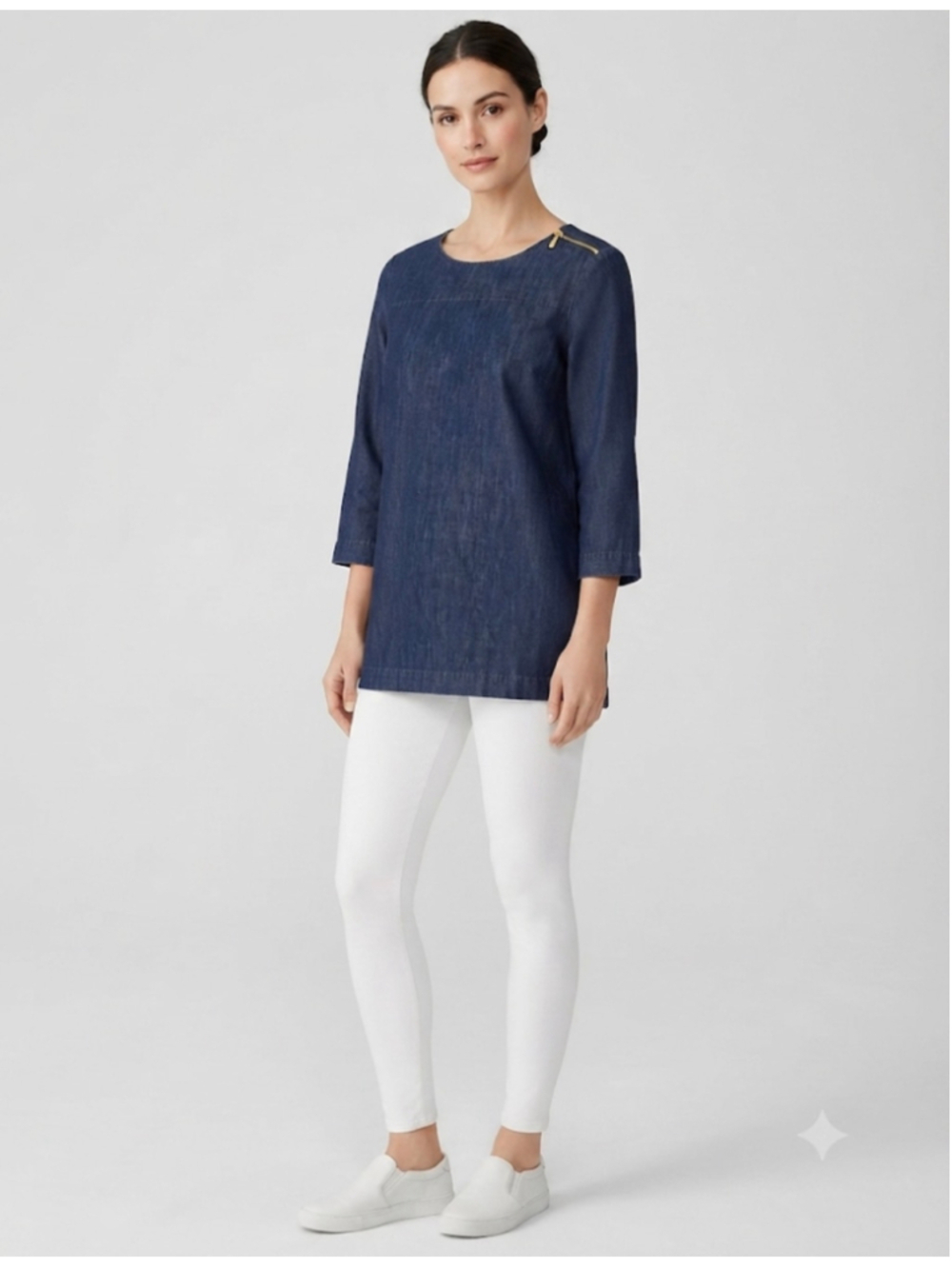 Martha Stewart Everyday Denim Tunic Top Size M Blue Gold Zipper